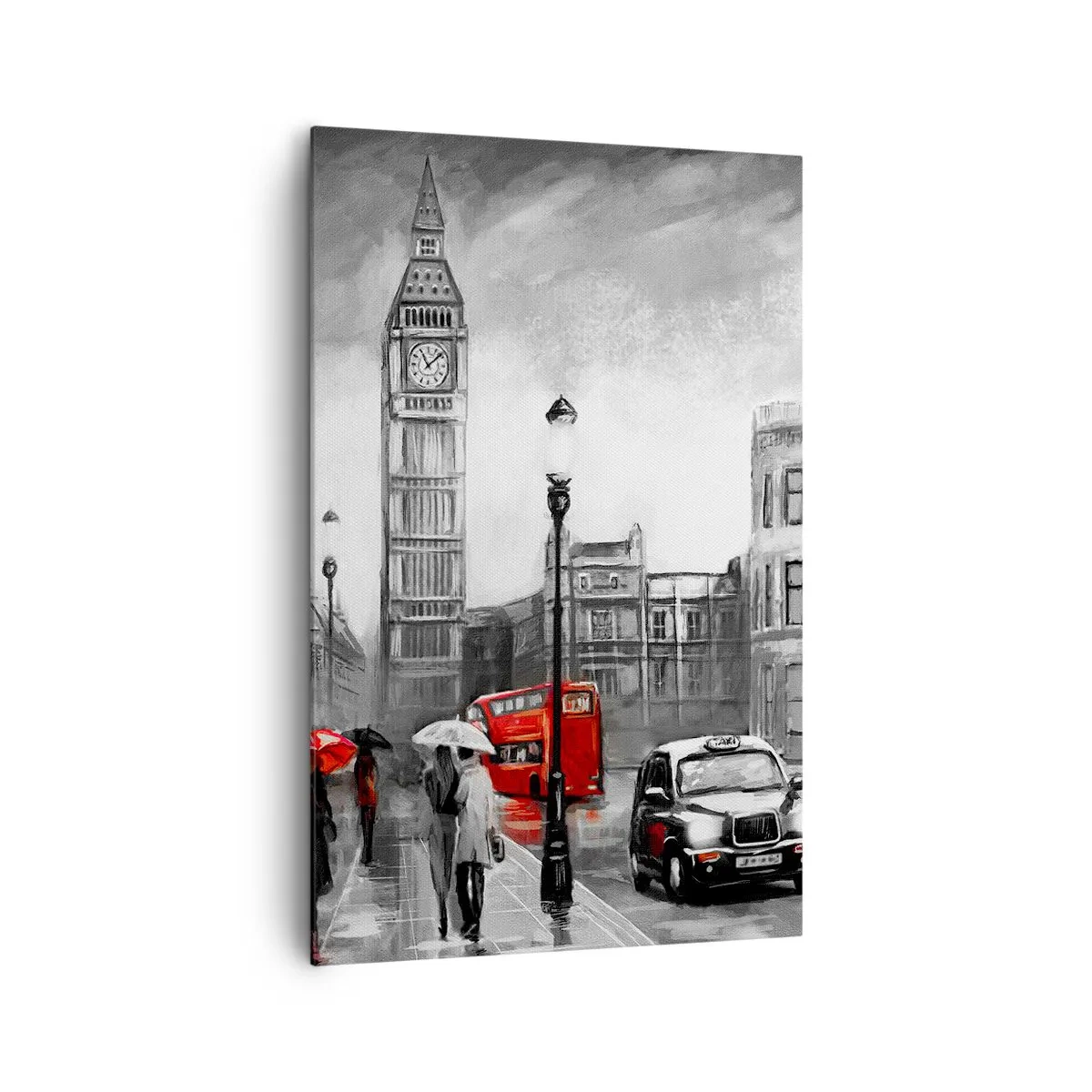Quadro su tela - Stampe su Tela - Una scena di Londra in bianco e nero con accenti rossi - 80x120cm - Una città per niente grigia - Decorazione murale moderna per soggiorno e camera da letto ARTTOR