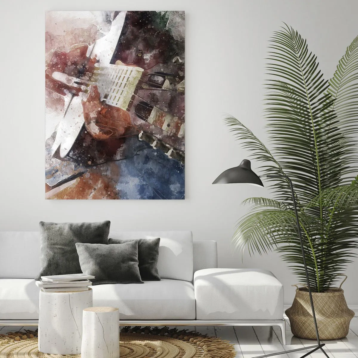 Quadro su vetro - Un'interpretazione artistica di una chitarra in stile acquerello - 80x120cm - E tu che ne pensi? - Decorazione murale moderna per soggiorno e camera da letto ARTTOR