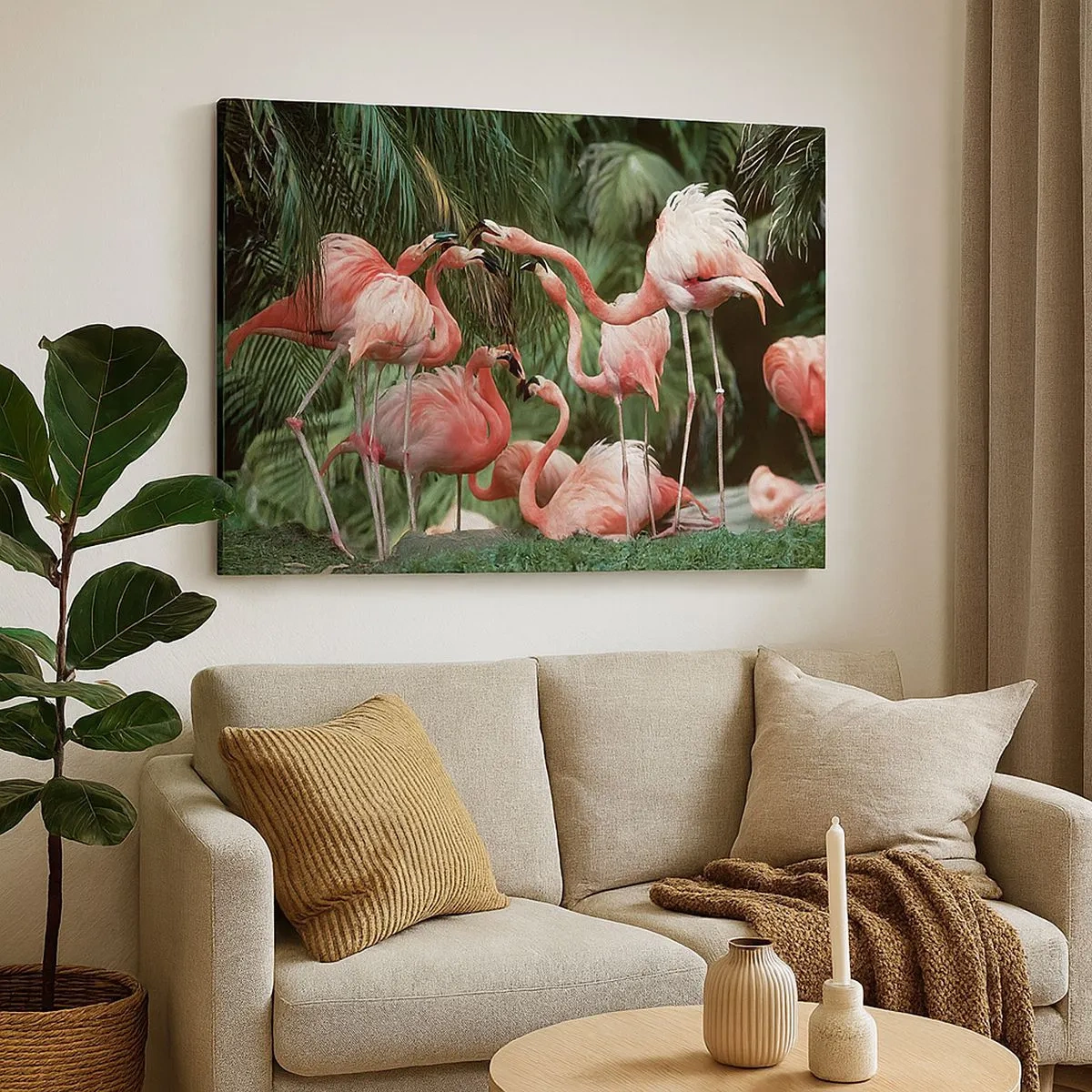 Quadro su tela - Stampe su Tela - Un gruppo di fenicotteri in un ambiente tropicale circondato da palme - 70x50cm - Pettegolezzi pomeridiani - Decorazione murale moderna per soggiorno e camera da letto ARTTOR