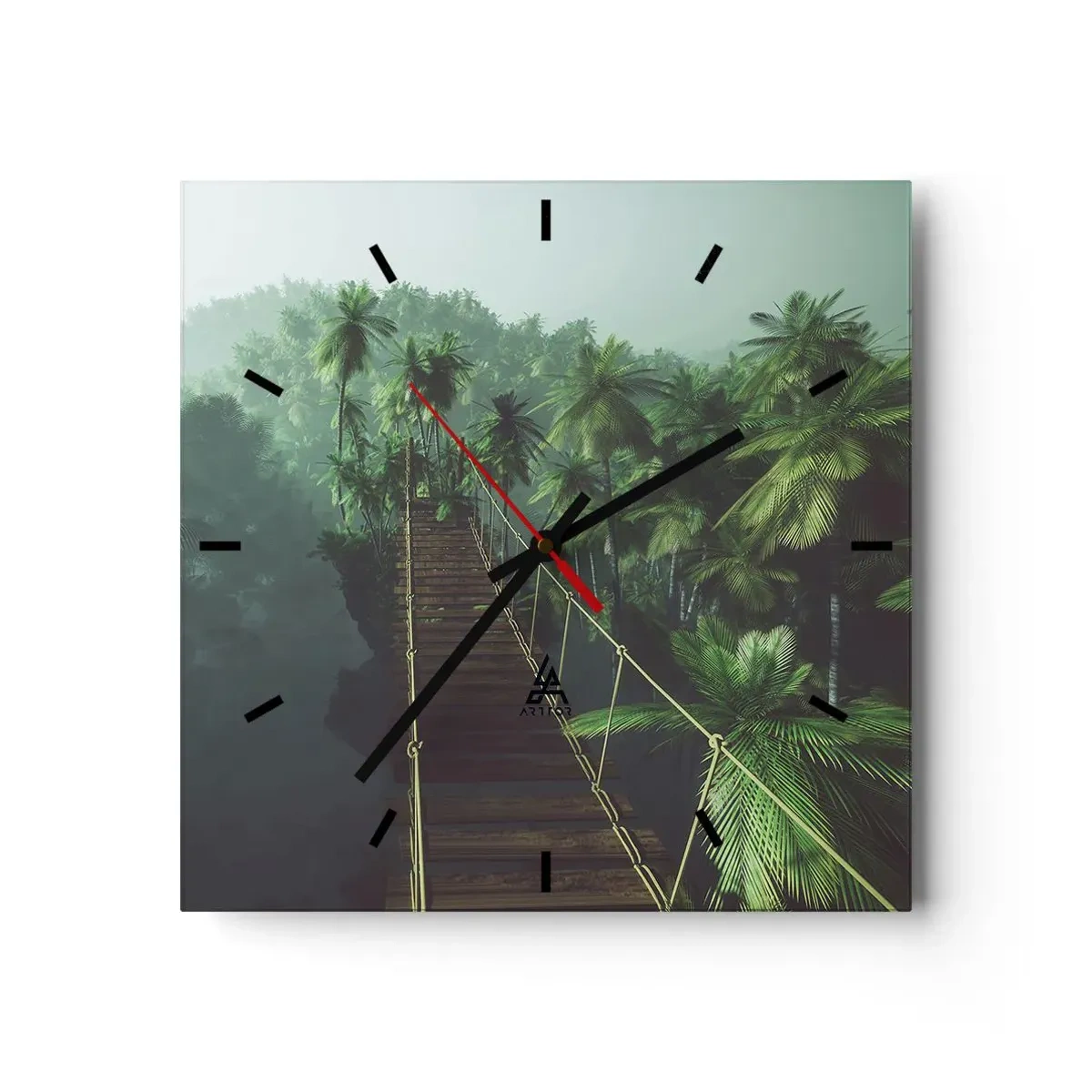 Orologio da parete - Orologio in Vetro - Un ponte sospeso in una foresta tropicale circondato dalla nebbia. - 30x30cm - Nel vortice del verde - Decorazione murale moderna per soggiorno e camera da letto ARTTOR