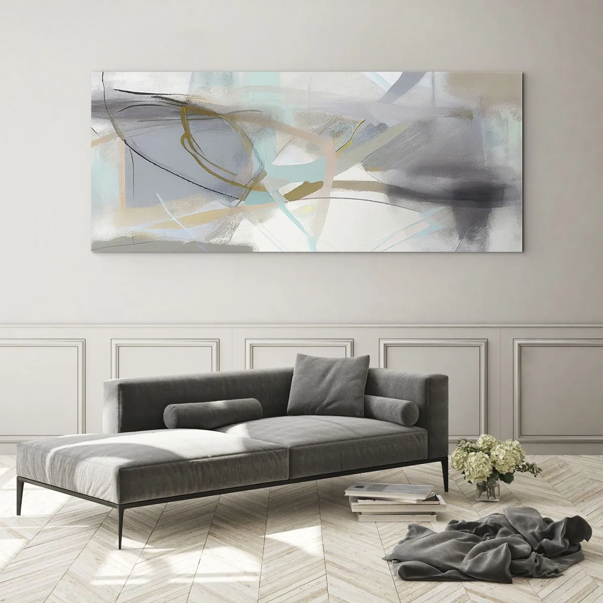 Quadro su vetro - Astrazione pastello con linee delicate - 120x50cm - Astrazione nebulosa - Decorazione murale moderna per soggiorno e camera da letto ARTTOR