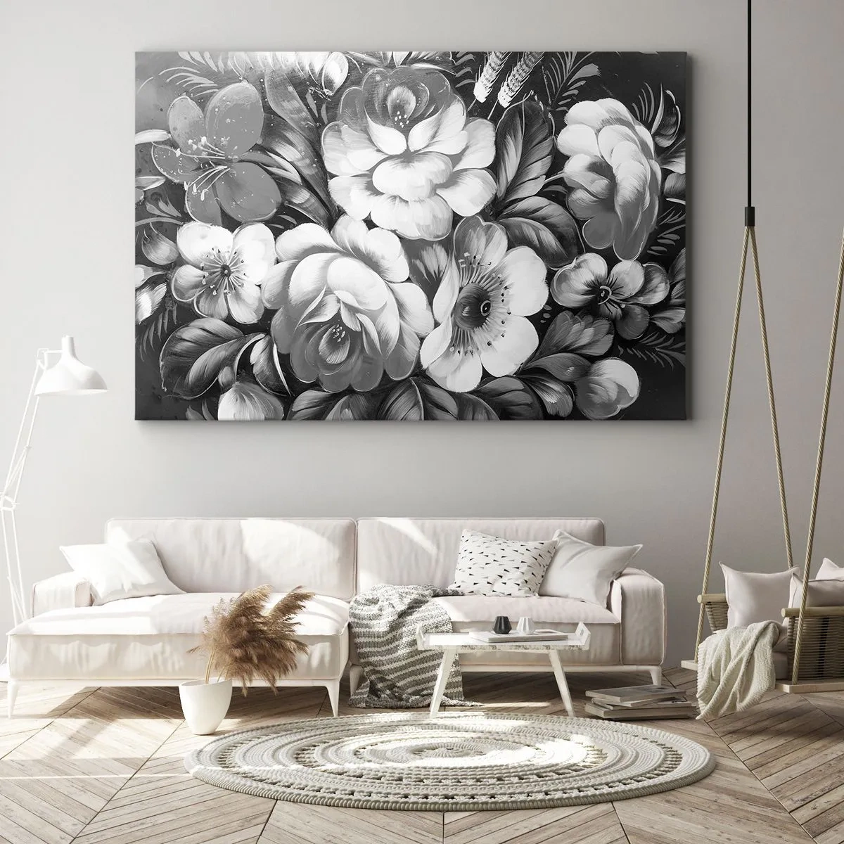 Quadro su tela - Stampe su Tela - Fiori bianchi e neri in una composizione classica ed elegante - 70x50cm - Belli anche in grigio - Decorazione murale moderna per soggiorno e camera da letto ARTTOR