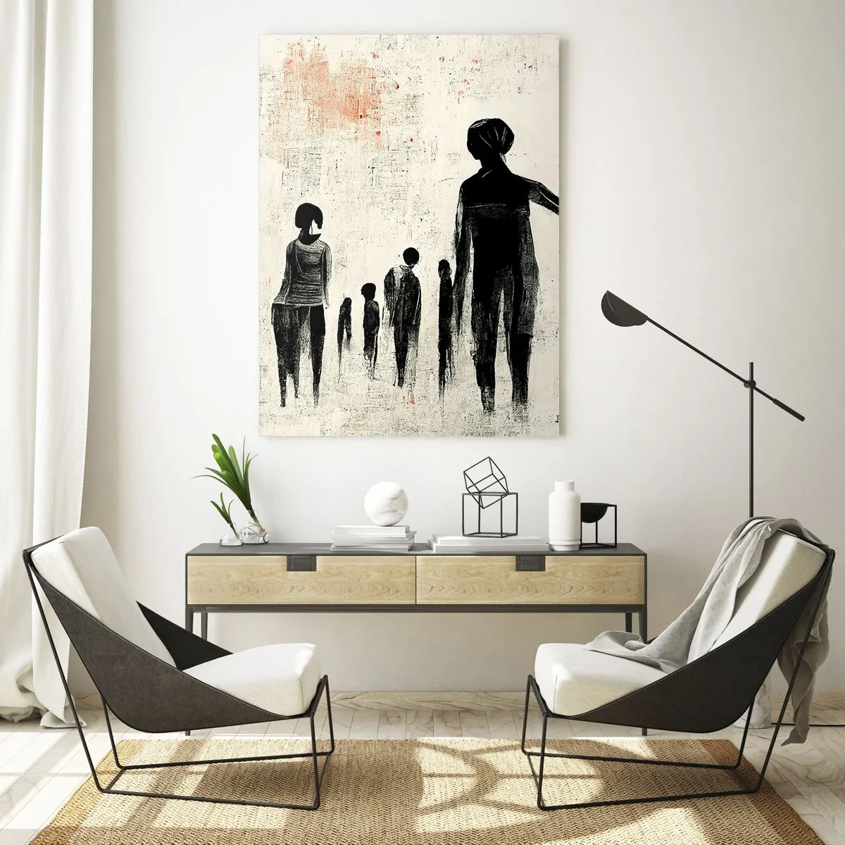 Quadro su vetro - Figure in una composizione monocromatica su uno sfondo chiaro - 80x120cm - Contro la solitudine - Decorazione murale moderna per soggiorno e camera da letto ARTTOR