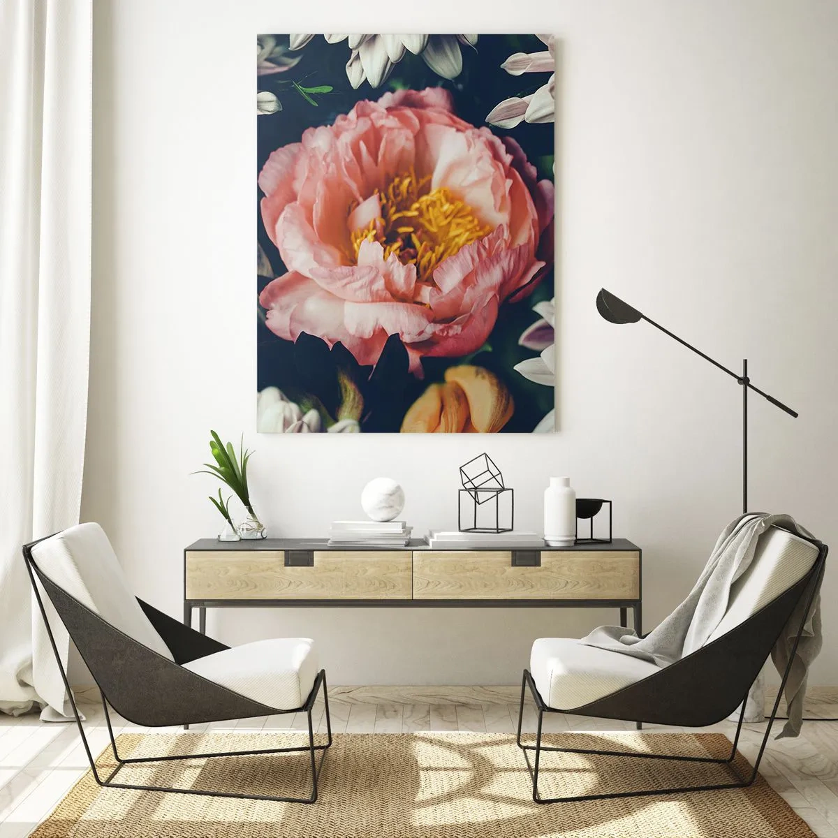 Quadro su vetro - Primo piano di peonie e crisantemi in tonalità pastello - 50x70cm - Con fasto barocco - Decorazione murale moderna per soggiorno e camera da letto ARTTOR