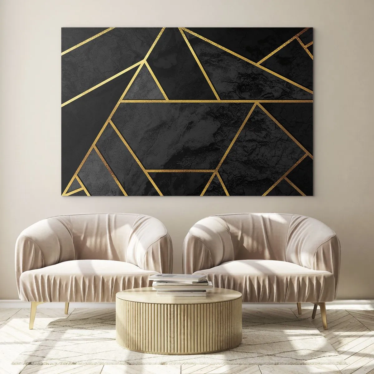 Quadro su vetro - Composizione geometrica nera e oro su sfondo marmoreo - 120x80cm - Oscurità e luce - Decorazione murale moderna per soggiorno e camera da letto ARTTOR