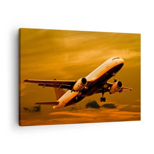 Quadro su tela - Stampe su Tela - Un aereo passeggeri decolla sullo sfondo di un cielo dorato al tramonto. - 70x50cm - In volo verso il sole - Decorazione murale moderna per soggiorno e camera da letto ARTTOR