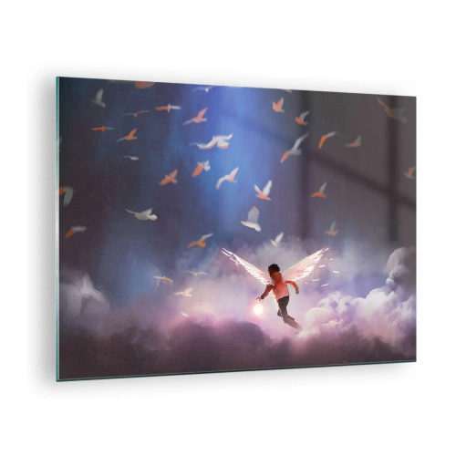 Quadro su vetro - Una figura con ali d'angelo che fluttua tra le nuvole - 70x50cm - Bisogna avere fantasia e coraggio - Decorazione murale moderna per soggiorno e camera da letto ARTTOR