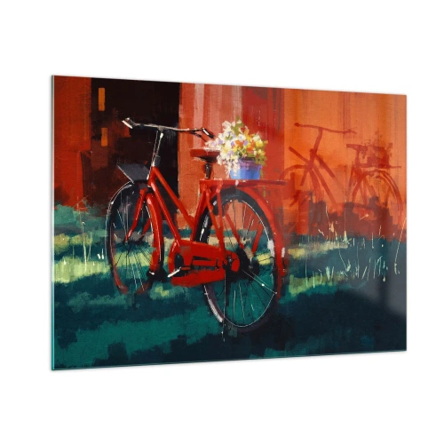Quadro su vetro - Una bicicletta rossa con fiori davanti a un edificio rosso - 100x70cm - I want to ride my bicycle - Decorazione murale moderna per soggiorno e camera da letto ARTTOR