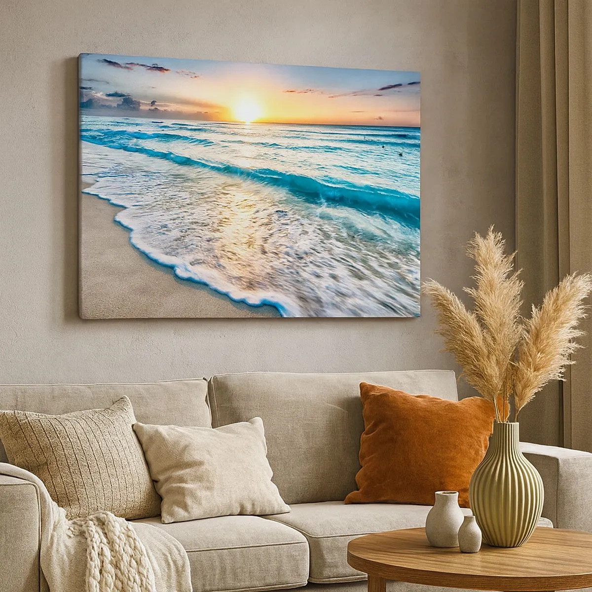 Quadro su tela - Stampe su Tela - Alba su una spiaggia tranquilla con onde - 70x50cm - Tramonto sul mare - Decorazione murale moderna per soggiorno e camera da letto ARTTOR