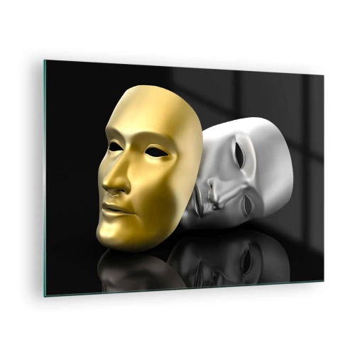 Quadro su vetro - Maschera in oro e argento su sfondo nero - 70x50cm - La vita è teatro - Decorazione murale moderna per soggiorno e camera da letto ARTTOR