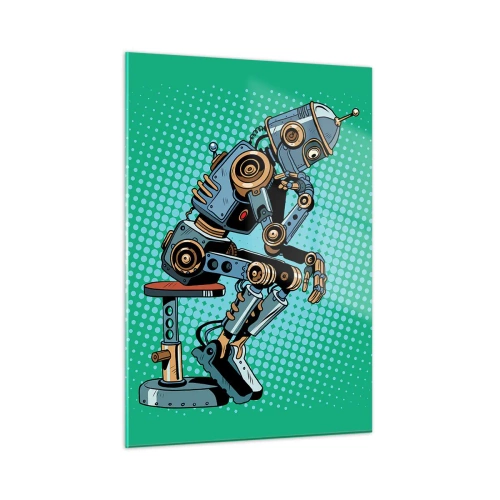 Quadro su vetro - Un robot pensatore su uno sfondo verde con motivo pop art. - 50x70cm - Sull'essenza dell'essere - Decorazione murale moderna per soggiorno e camera da letto ARTTOR