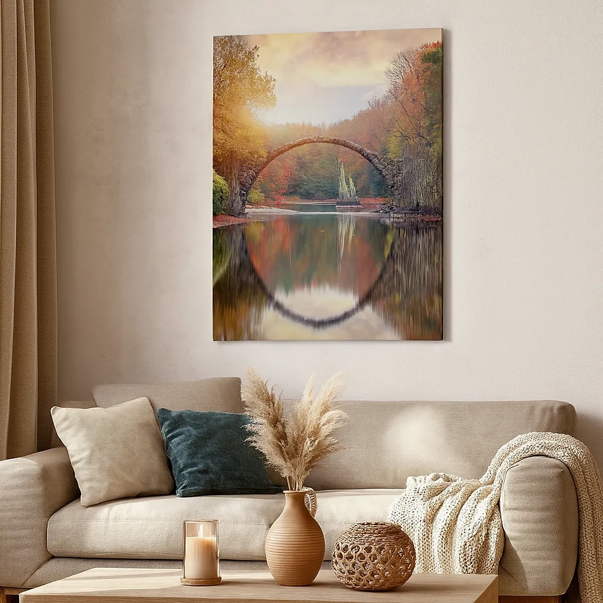 Quadro su tela - Stampe su Tela - Un ponte di pietra in uno scenario autunnale sopra acque calme - 50x70cm - Dall'altro lato dello specchio - Decorazione murale moderna per soggiorno e camera da letto ARTTOR