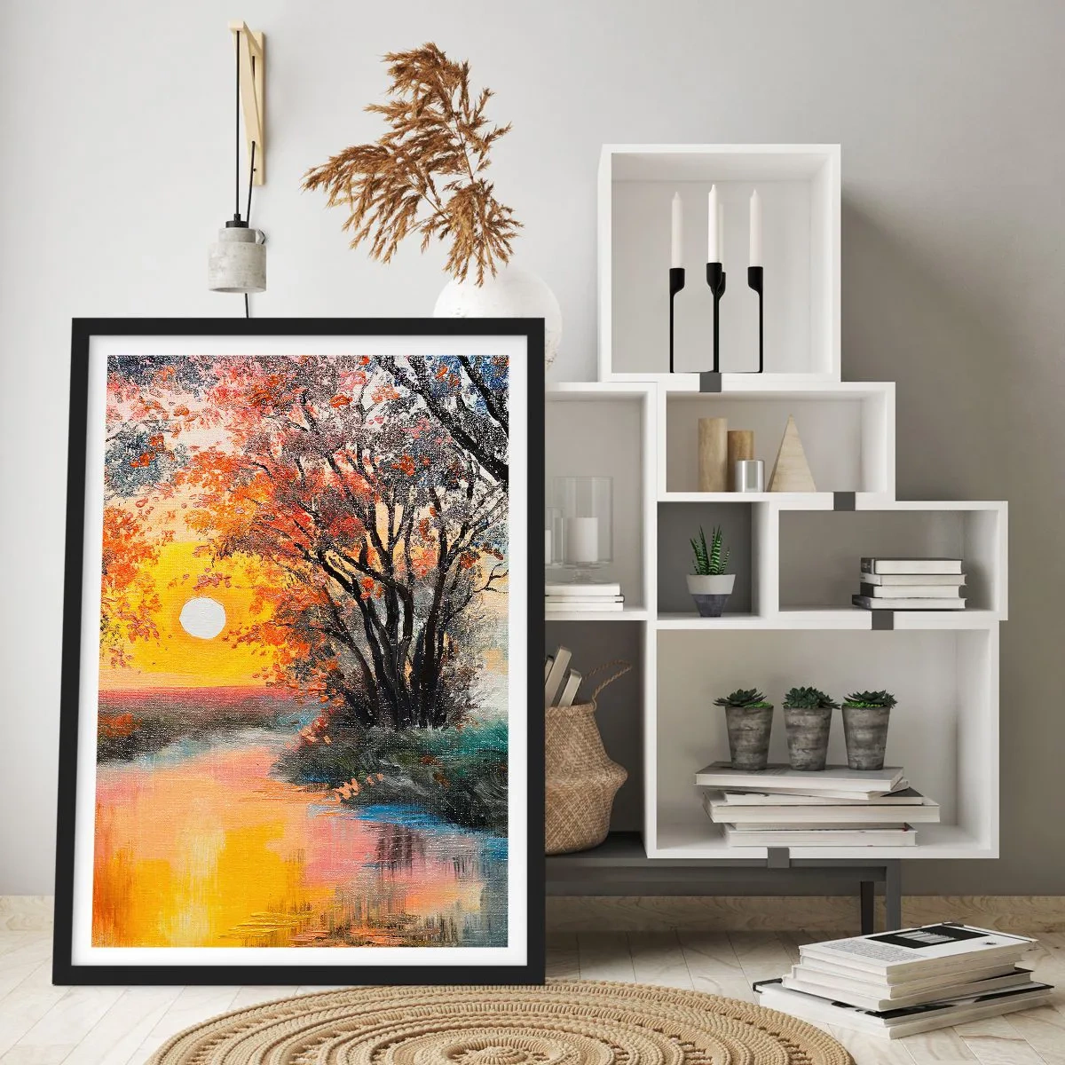 Poster in cornice nera - Tramonto su un fiume con alberi - 50x70cm - Atmosfera autunnale - Decorazione murale moderna per soggiorno e camera da letto ARTTOR