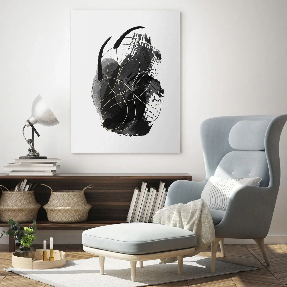 Quadro su vetro - Astrazione in nero e oro su sfondo bianco - 70x100cm - Nato dal nero - Decorazione murale moderna per soggiorno e camera da letto ARTTOR