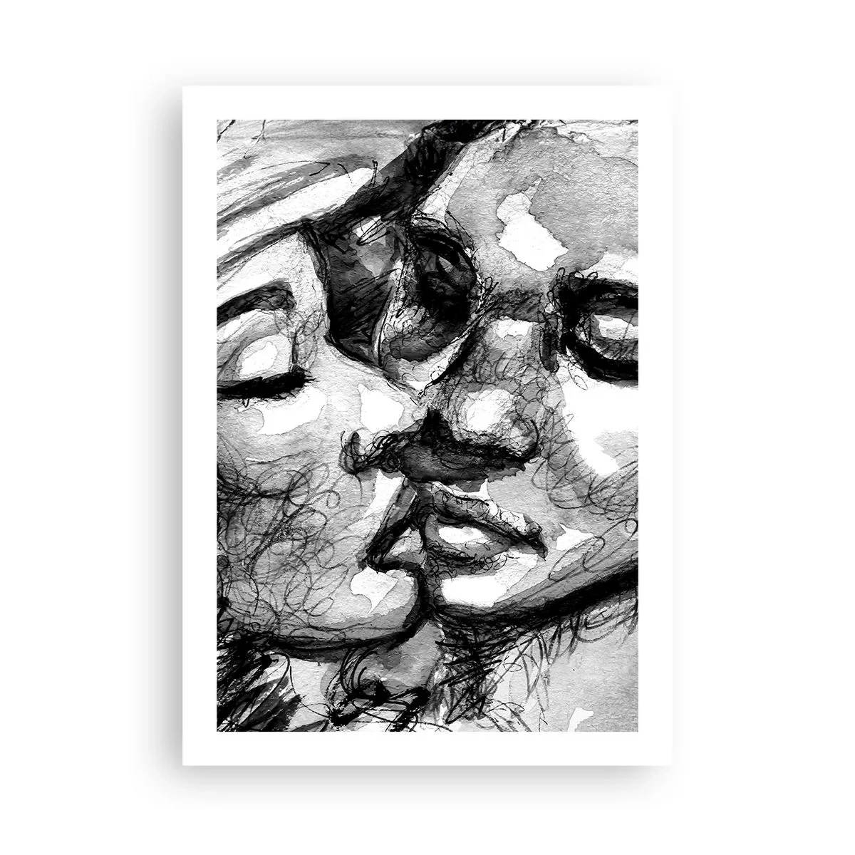 Poster - Ritratto astratto in bianco e nero di un bacio - 50x70cm - Un attimo di tenerezza - Decorazione murale moderna per soggiorno e camera da letto ARTTOR
