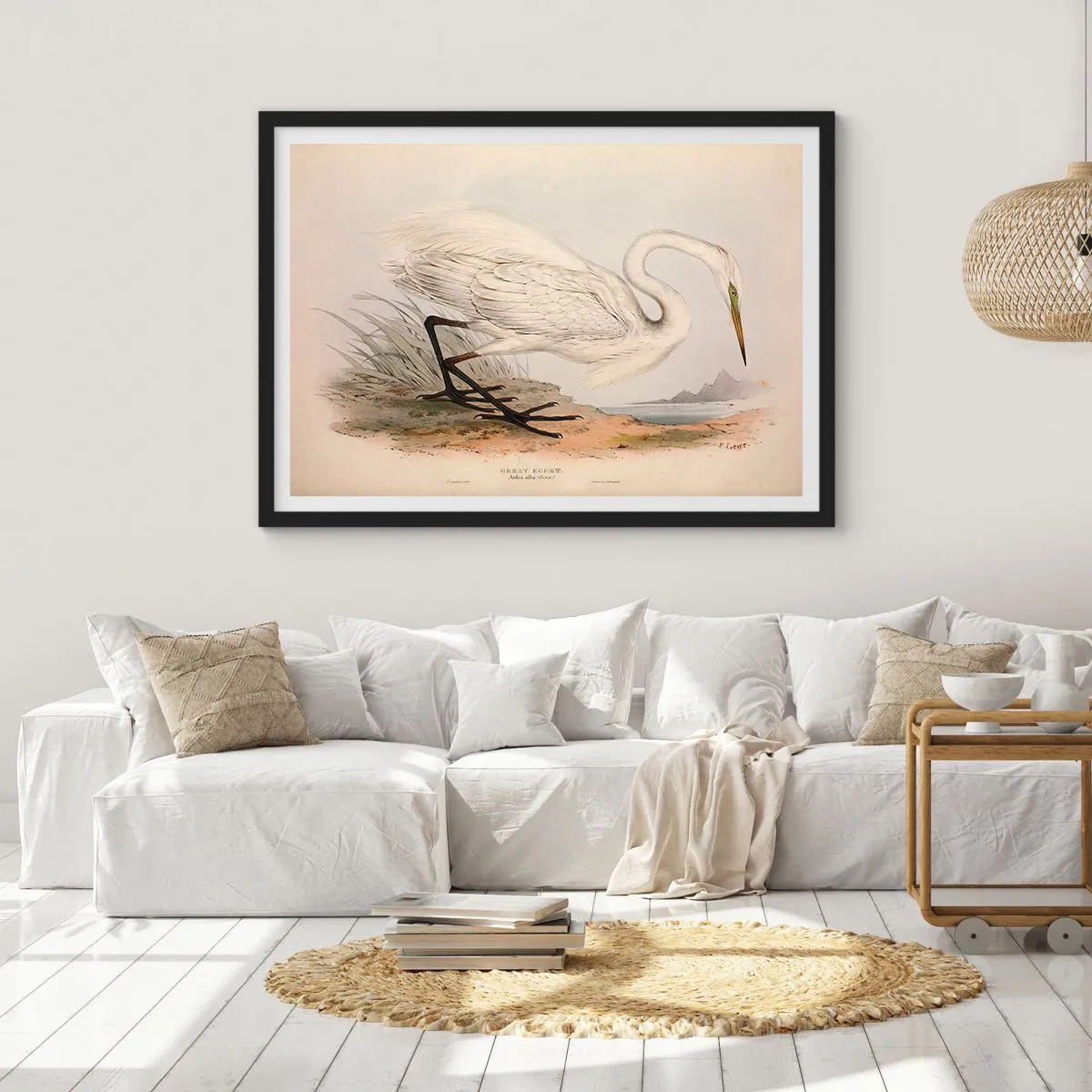 Poster in cornice nera - Disegno di un airone bianco su uno sfondo di paesaggio naturale - 100x70cm - La signora nel canneto - Decorazione murale moderna per soggiorno e camera da letto ARTTOR