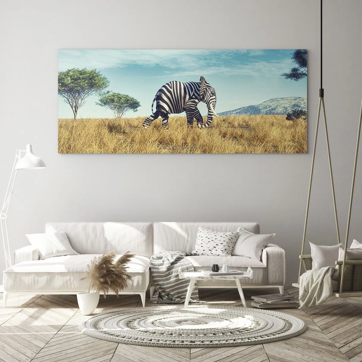 Quadro su vetro - Zebra in un paesaggio africano - 160x50cm - Il grigio non è più di moda - Decorazione murale moderna per soggiorno e camera da letto ARTTOR