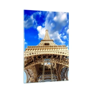 Quadro su vetro - La Torre Eiffel dal basso contro un cielo blu - 80x120cm - Toccare il cielo e le nuvole - Decorazione murale moderna per soggiorno e camera da letto ARTTOR