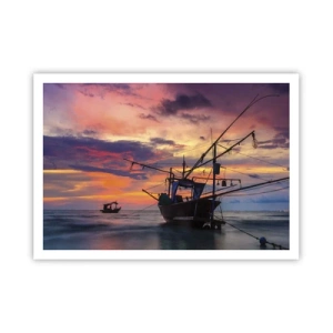 Poster - Una barca da pesca sullo sfondo di un tramonto colorato - 100x70cm - Sera esotica - Decorazione murale moderna per soggiorno e camera da letto ARTTOR