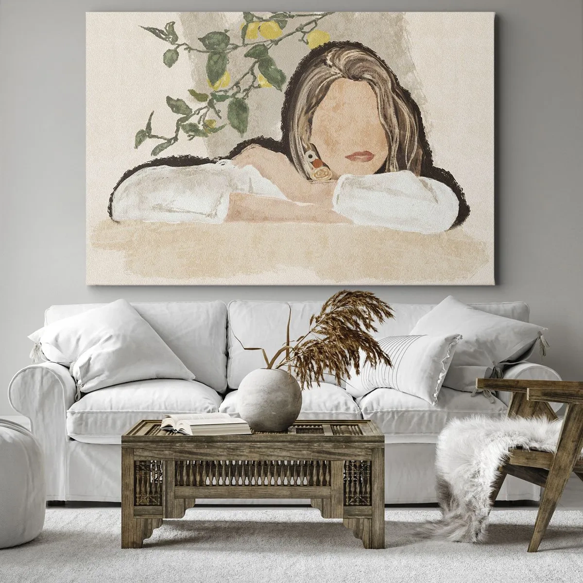 Quadro su tela - Stampe su Tela - La figura di una donna sullo sfondo di un albero di limone - 120x80cm - Bellezza del sud - Decorazione murale moderna per soggiorno e camera da letto ARTTOR