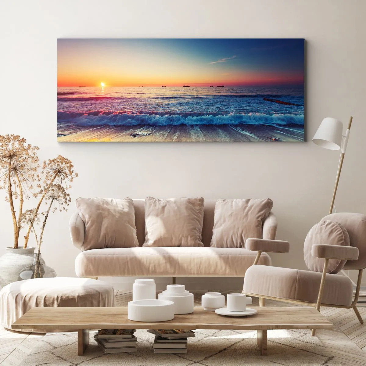 Quadro su tela - Stampe su Tela - Tramonto su un mare calmo con onde - 160x50cm - Cosa c'è dietro l'orizzonte? - Decorazione murale moderna per soggiorno e camera da letto ARTTOR