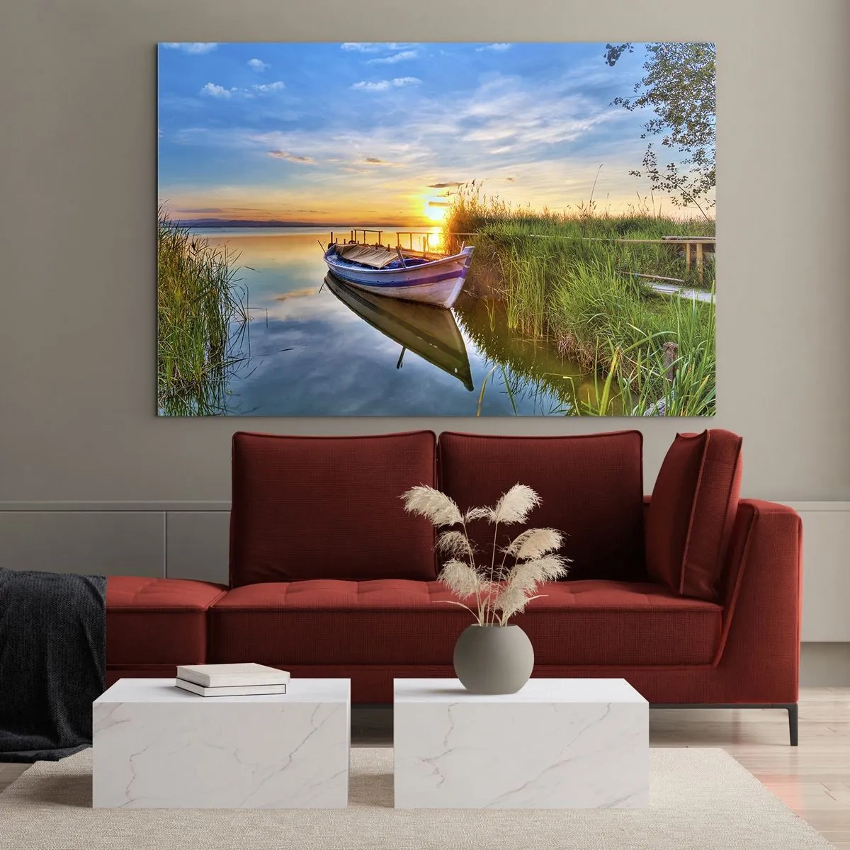 Quadro su vetro - Una barca ormeggiata sulla riva di un lago al tramonto - 120x80cm - L'insenatura dei sogni realizzati - Decorazione murale moderna per soggiorno e camera da letto ARTTOR