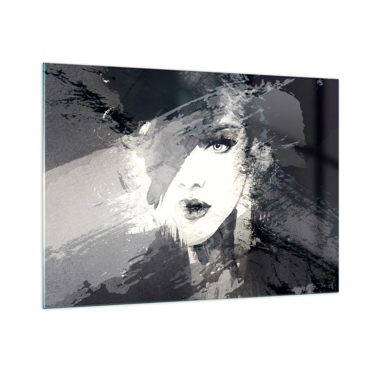 Quadro su vetro - Il volto di una donna è parzialmente coperto da macchie grigie astratte. - 100x70cm - Dietro un velo grigio - Decorazione murale moderna per soggiorno e camera da letto ARTTOR