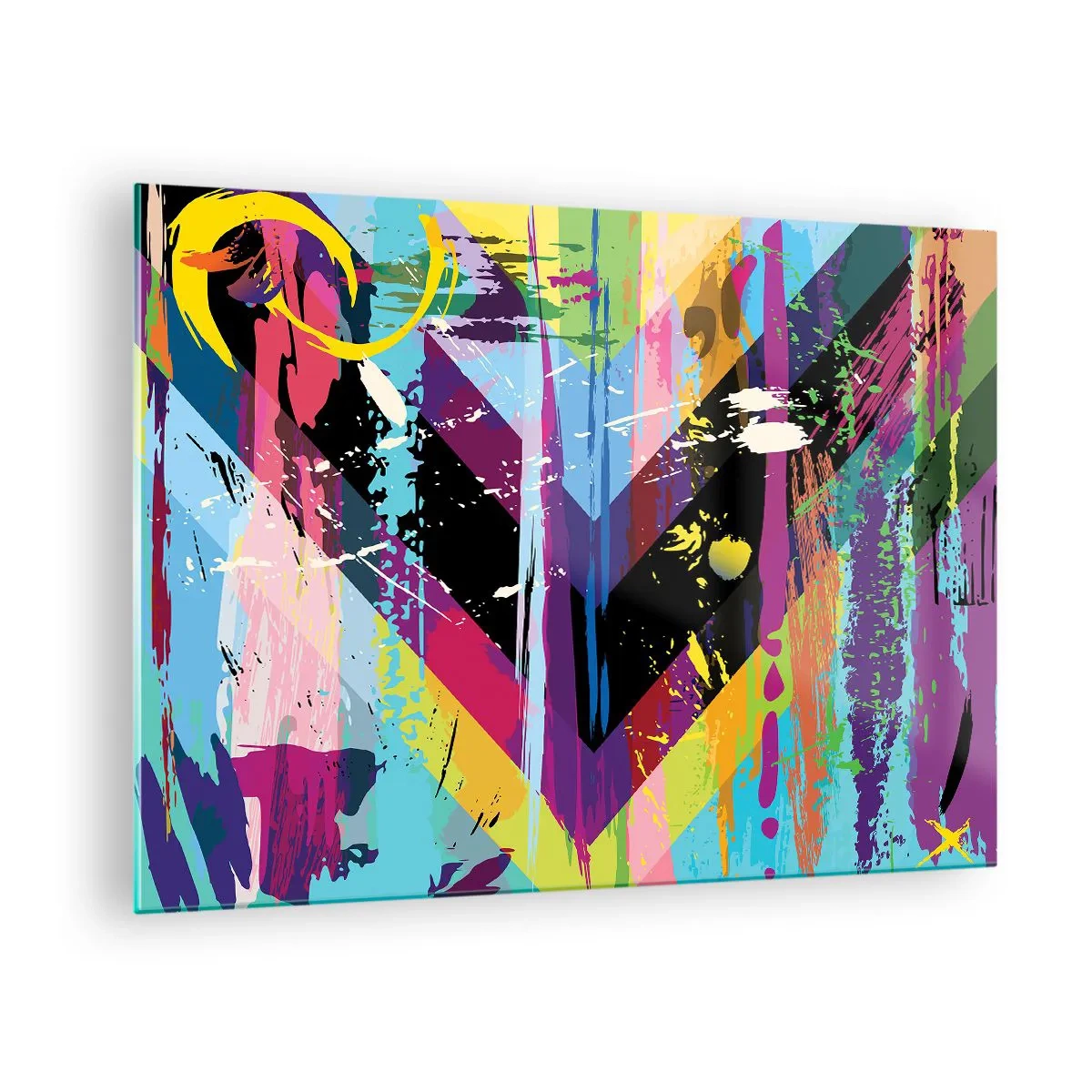Quadro su vetro - Astrazione colorata con forme dinamiche e colori intensi - 70x50cm - Dall'alto in basso - Decorazione murale moderna per soggiorno e camera da letto ARTTOR