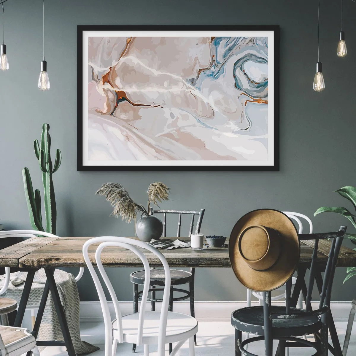 Poster in cornice nera - Motivo astratto nei toni del bianco e del blu - 100x70cm - Meandri blu sotto il bianco - Decorazione murale moderna per soggiorno e camera da letto ARTTOR