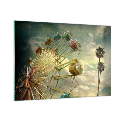 Quadro su vetro - Una ruota panoramica contro il cielo e palme in stile retrò - 100x70cm - Il divertimento comincia... - Decorazione murale moderna per soggiorno e camera da letto ARTTOR