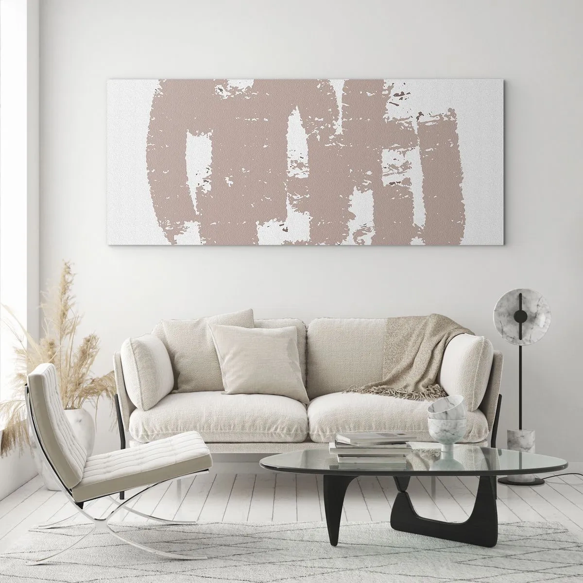 Quadro su vetro - Forme rosa tenui su uno sfondo chiaro - 120x50cm - Astrazione in un rosa mite - Decorazione murale moderna per soggiorno e camera da letto ARTTOR