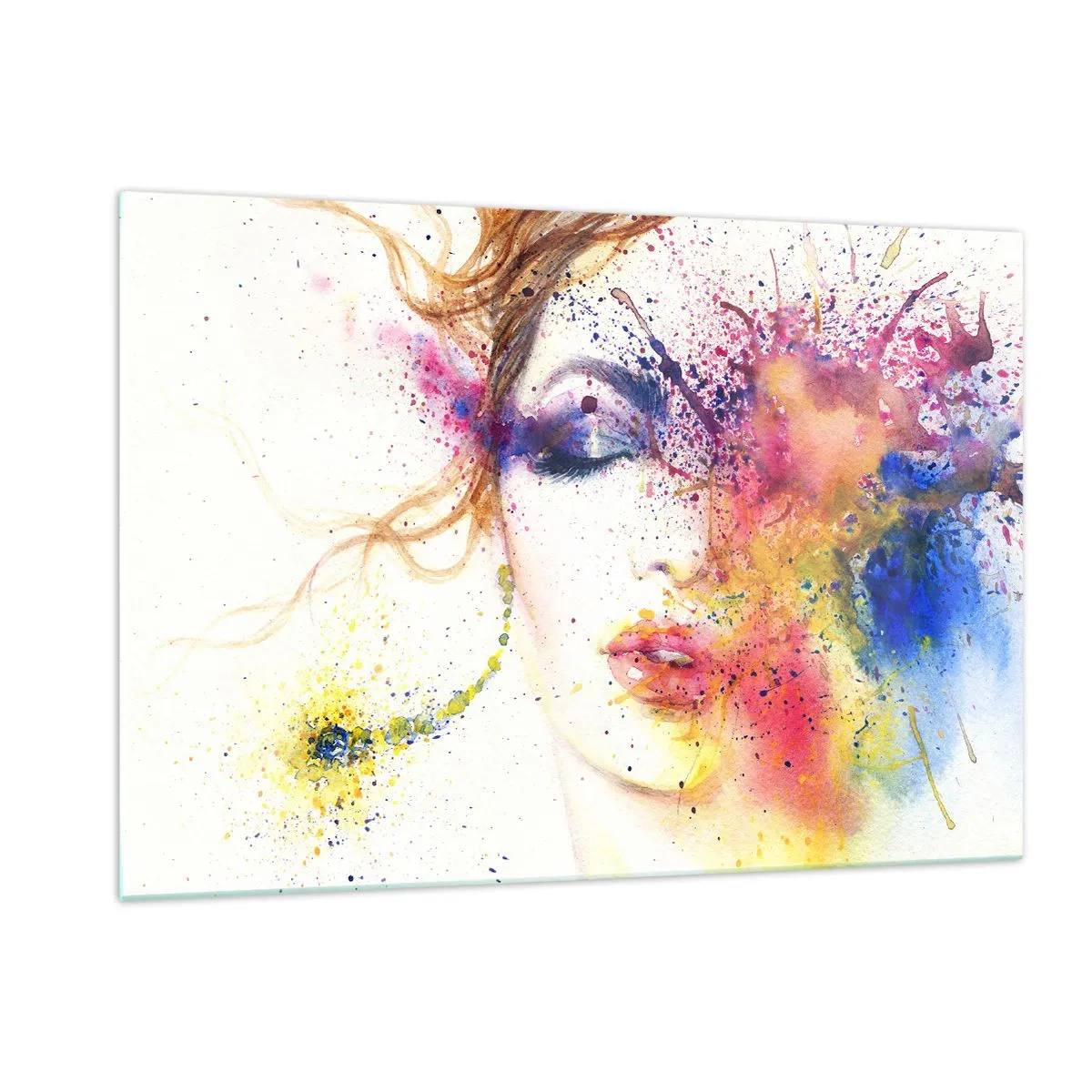 Quadro su vetro - Ritratto astratto di una donna con schizzi di vernice arcobaleno - 120x80cm - Capogiro arcobaleno - Decorazione murale moderna per soggiorno e camera da letto ARTTOR