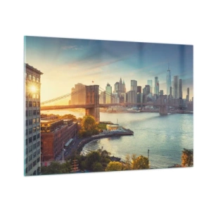 Quadro su vetro - Panorama di New York City con il ponte di Brooklyn - 100x70cm - L'alba nella grande città - Decorazione murale moderna per soggiorno e camera da letto ARTTOR