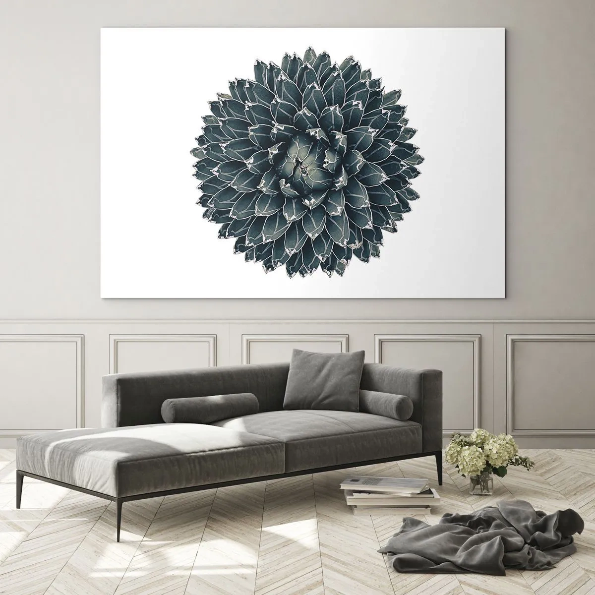 Quadro su vetro - Motivo simmetrico di pianta succulenta su sfondo bianco - 100x70cm - La stella del deserto - Decorazione murale moderna per soggiorno e camera da letto ARTTOR