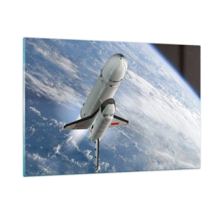 Quadro su vetro - Uno space shuttle decolla nello spazio con la Terra sullo sfondo. - 120x80cm - Ascensione cosmica - Decorazione murale moderna per soggiorno e camera da letto ARTTOR