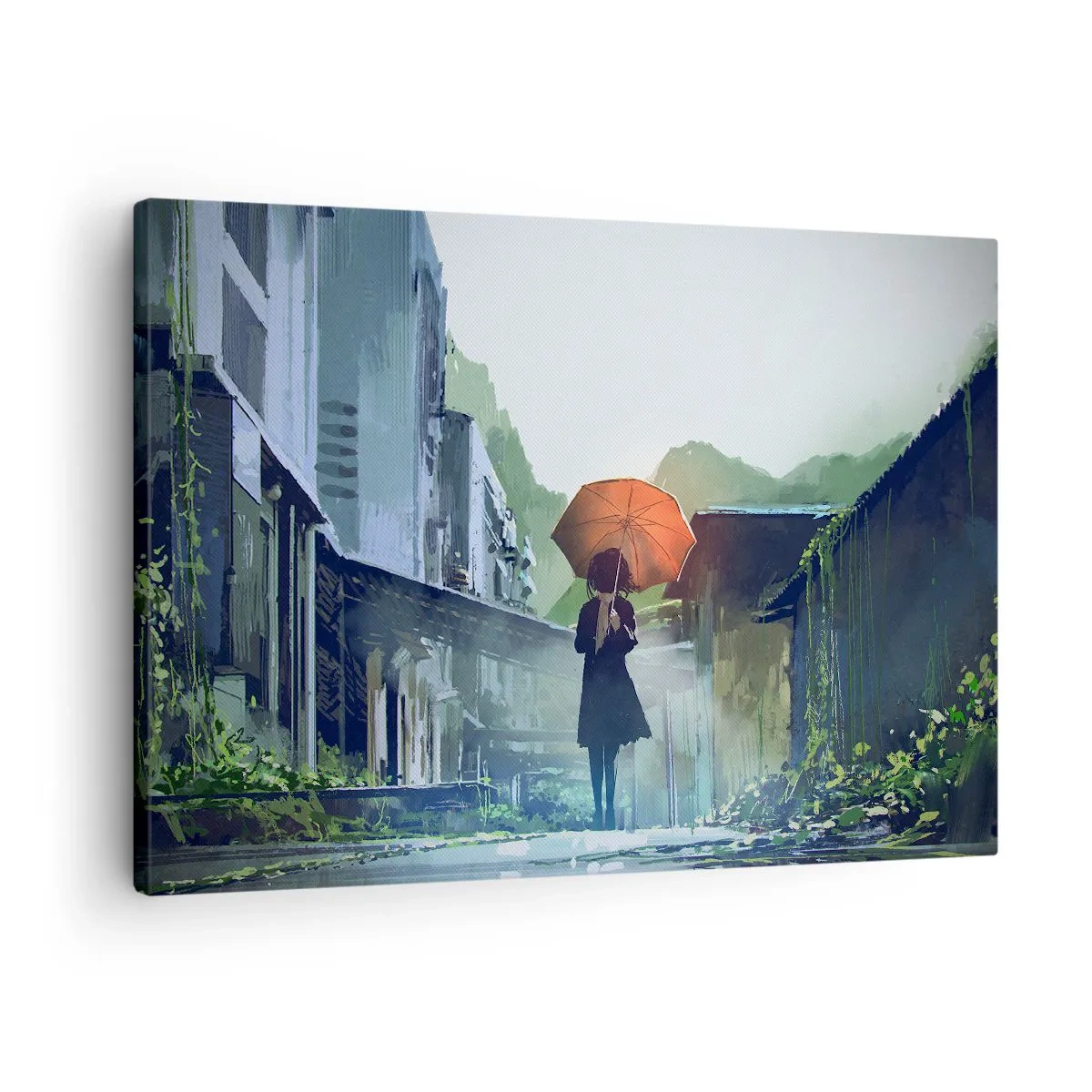 Quadro su tela - Stampe su Tela - Una figura con un ombrello in una città piovosa - 70x50cm - Pioggia vivificante - Decorazione murale moderna per soggiorno e camera da letto ARTTOR