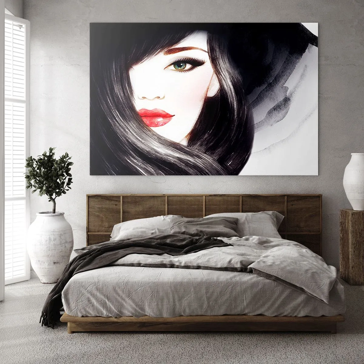 Quadro su vetro - Ritratto di una donna con capelli neri e labbra rosse espressive - 70x50cm - Sguardo di zaffiro - Decorazione murale moderna per soggiorno e camera da letto ARTTOR