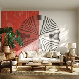 Fotomurali Standard Eco - Composizione geometrica con un cerchio bianco e nero su sfondo rosso - 100x70cm - Dritto al centro - Decorazione murale moderna per soggiorno e camera da letto ARTTOR