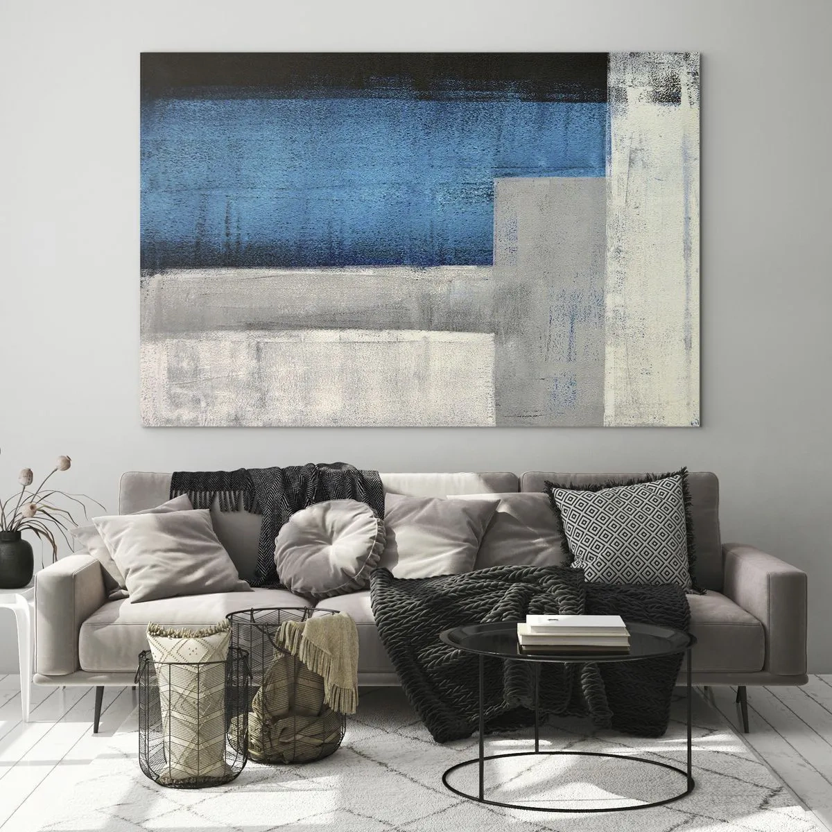 Quadro su vetro - Astrazione geometrica in blu, grigio e bianco - 70x50cm - Composizione poetica in grigio e blu - Decorazione murale moderna per soggiorno e camera da letto ARTTOR
