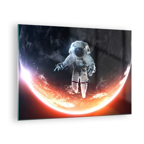 Quadro su vetro - Astronauta nello spazio con un pianeta sullo sfondo - 70x50cm - Posso restare ancora un po'? - Decorazione murale moderna per soggiorno e camera da letto ARTTOR