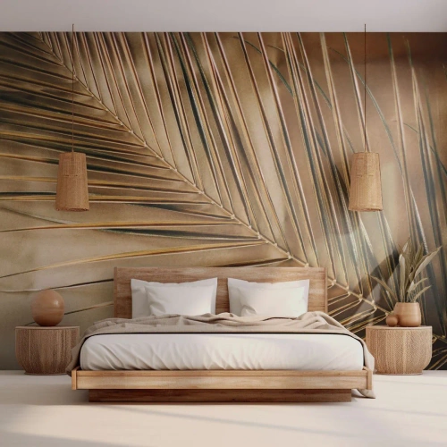 Fotomurali Premium Sand - Foglie di palma dorate in un approccio artistico - 100x70cm - Colonnato naturale - Decorazione murale moderna per soggiorno e camera da letto ARTTOR