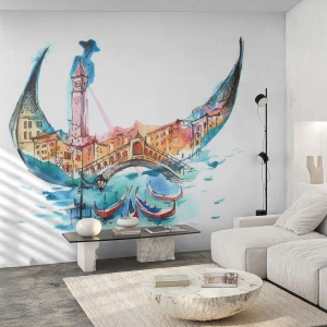 Fotomurali Premium Sand - Maschera veneziana con panorama della città e gondole - 100x70cm - Navighiamo dentro la città - Decorazione murale moderna per soggiorno e camera da letto ARTTOR