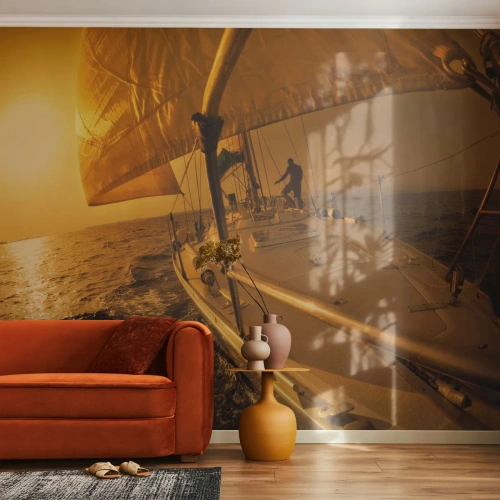 Fotomurali Premium Sand - Una barca a vela in mare al tramonto - 100x70cm - Serata dorata dopo un giorno multicolore - Decorazione murale moderna per soggiorno e camera da letto ARTTOR
