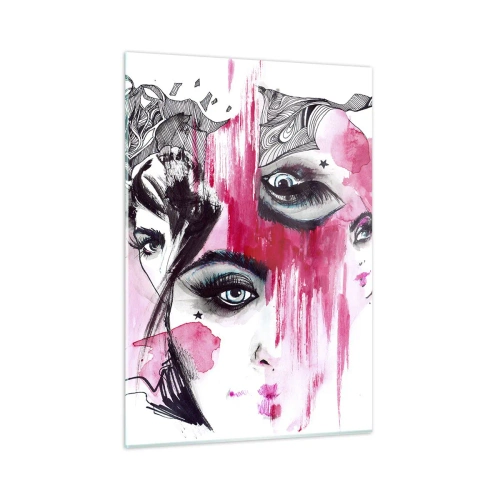 Quadro su vetro - Volti femminili astratti con accenti rosa in stile schizzo. - 50x70cm - Occhi astratti - Decorazione murale moderna per soggiorno e camera da letto ARTTOR