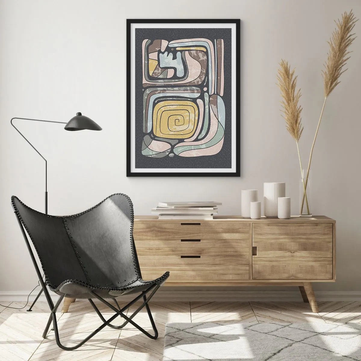 Poster in cornice nera - Opera d'arte astratta con motivi geometrici nei toni della terra - 50x70cm - Astrazione in spirito precolombiano - Decorazione murale moderna per soggiorno e camera da letto ARTTOR