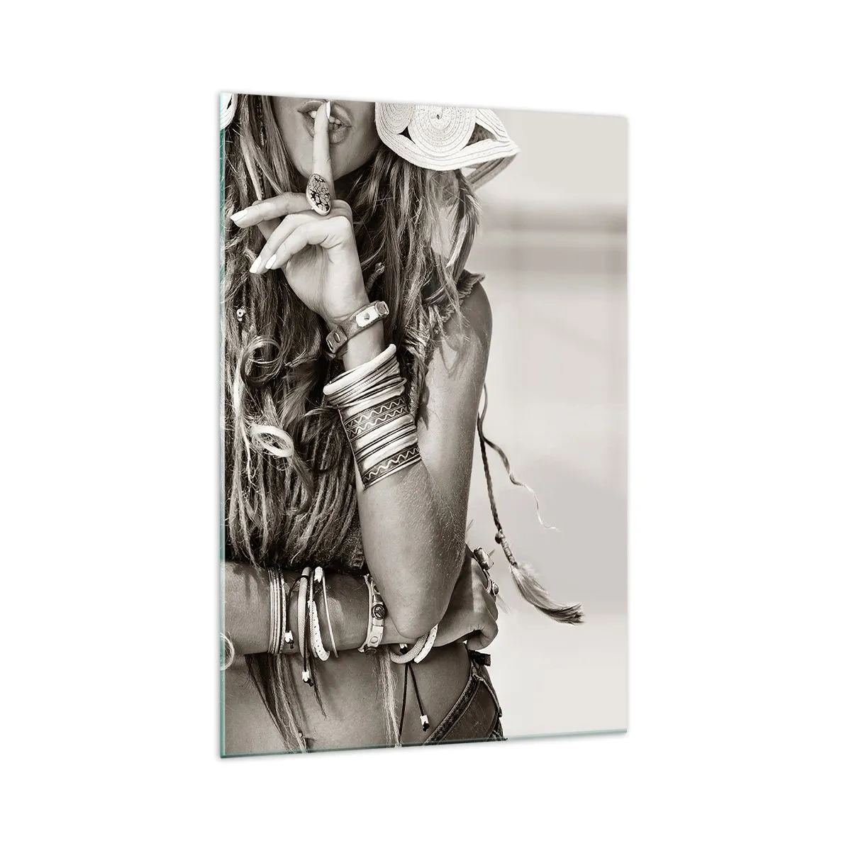 Quadro su vetro - Ritratto di una donna boho con gioielli - 70x100cm - Come una ragazza - Decorazione murale moderna per soggiorno e camera da letto ARTTOR