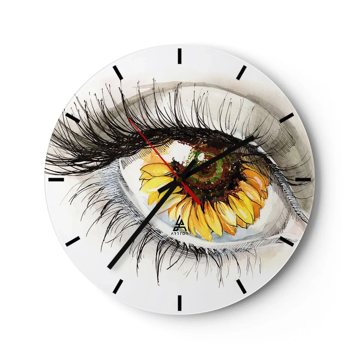 Orologio da parete - Orologio in Vetro - Occhio artistico con motivo a girasole - 30x30cm - Uno sguardo caldo come l'estate - Decorazione murale moderna per soggiorno, cucina e camera da letto ARTTOR