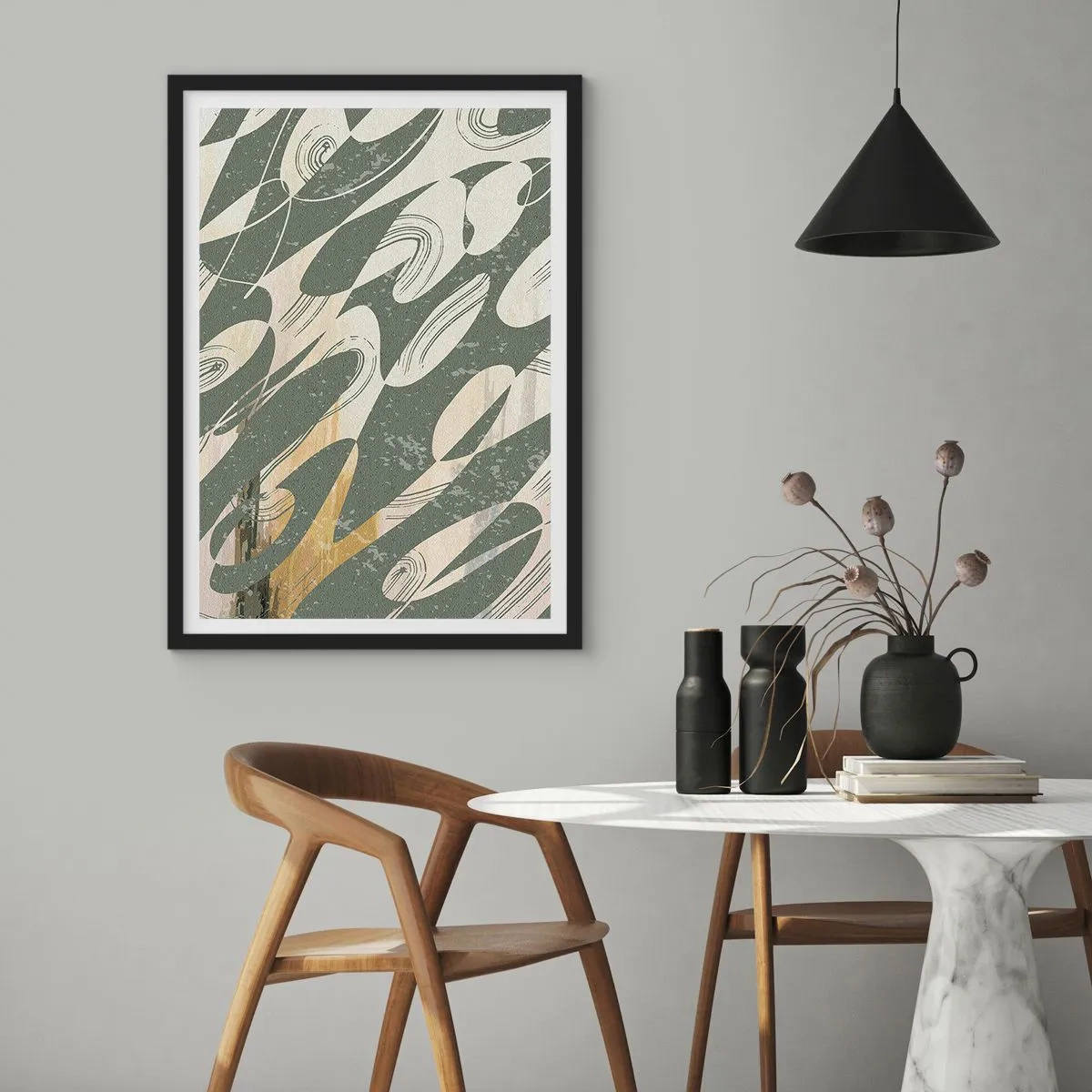 Poster in cornice nera - Una composizione astratta di forme organiche nei toni del verde e del beige. - 50x70cm - Astrazione ritmica - Decorazione murale moderna per soggiorno e camera da letto ARTTOR
