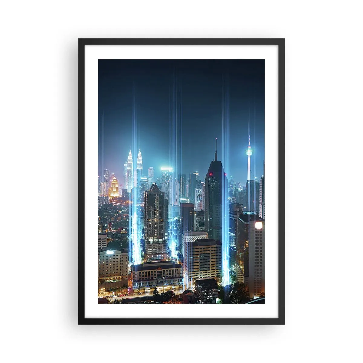 Poster in cornice nera - Paesaggio notturno del centro città con grattacieli - 50x70cm - Da Berlino al cielo - Decorazione murale moderna per soggiorno e camera da letto ARTTOR