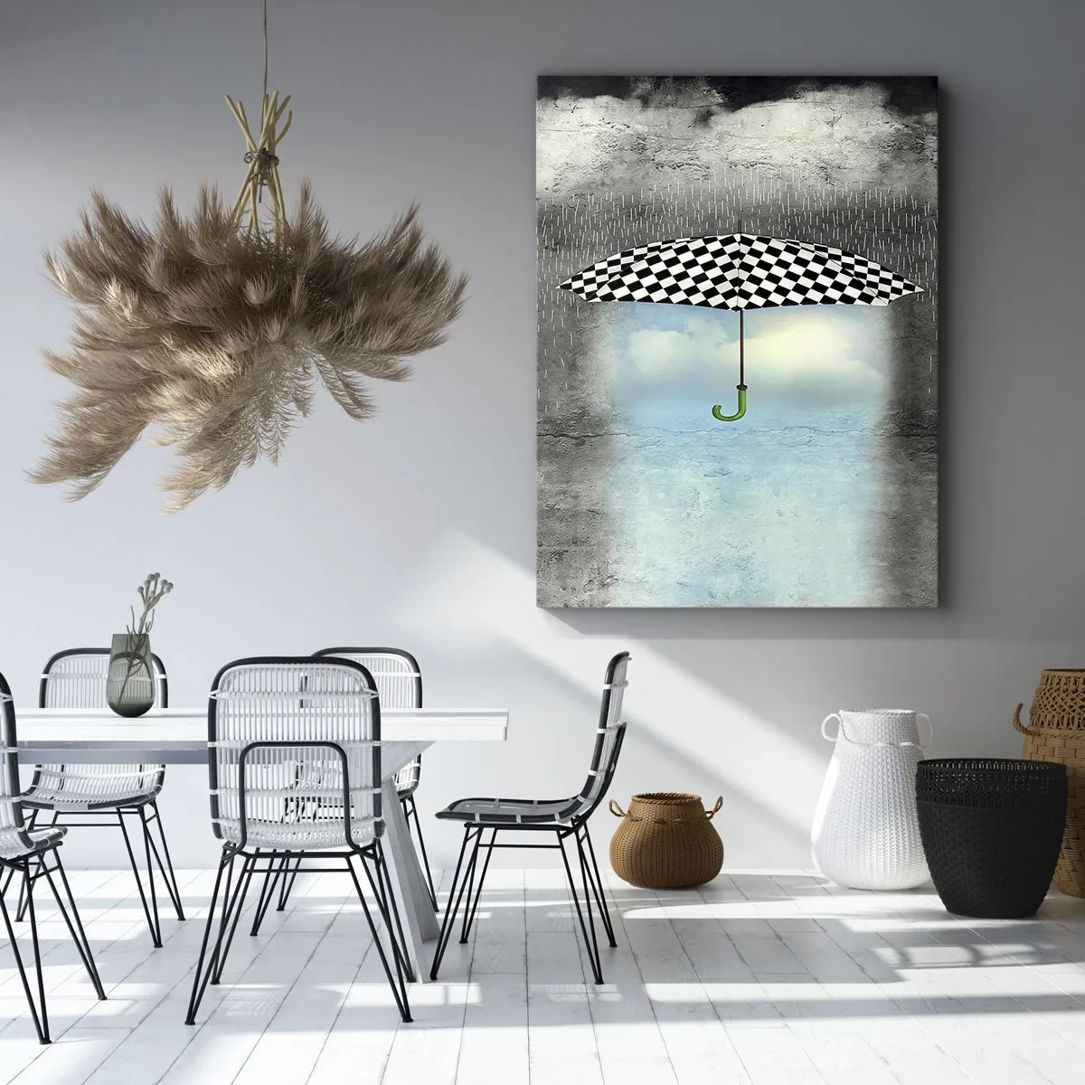 Quadro su tela - Stampe su Tela - Un ombrello a scacchi su un paesaggio piovoso - 50x70cm - Tuttavia è possibile - Decorazione murale moderna per soggiorno e camera da letto ARTTOR